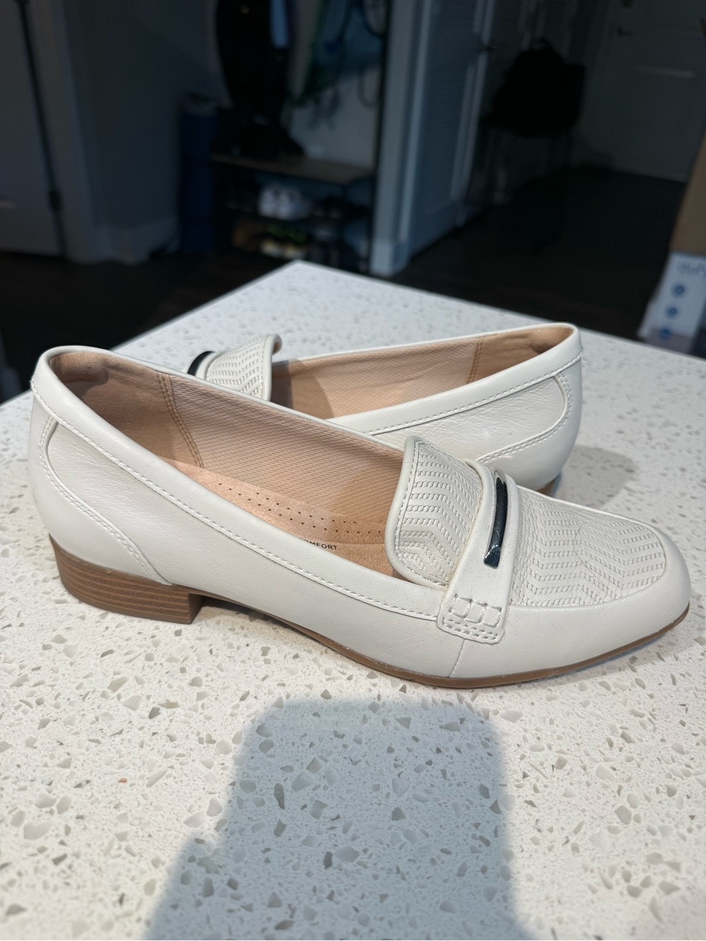 Clarks Women's Cream Leather Loafers with Metal Accent